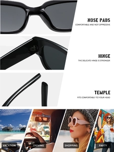 Detail view of square sunglasses showing reinforced hinges, nose pads and lifestyle usage