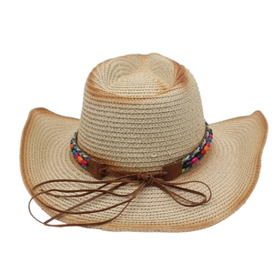 Detail of western straw hat with colorful beads and adjustable leather chin strap