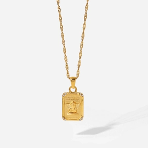 18K gold plated stainless steel necklace with rectangular angel relief pendant and crystals