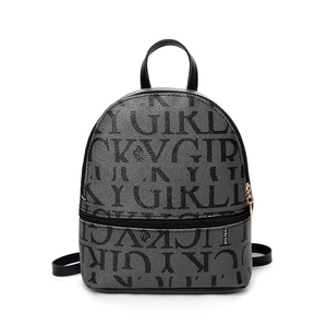 Small dark grey backpack with Lucky Girl letter print and golden metal zipper detail