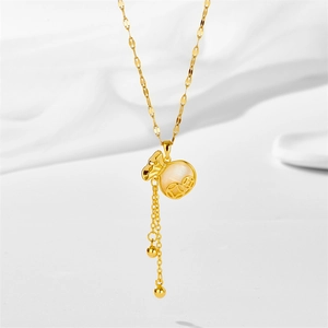 Titanium Steel Gold Plated Cat Eye Stone Fortune Bag Pendant Necklace With Tassel Vintage Lucky Coin Charm Jewelry For Women
