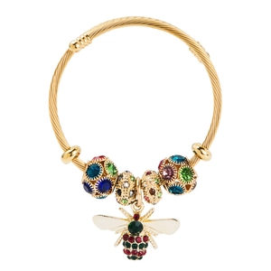Adjustable golden bee charm bracelet with colorful crystal beads on woven steel wire