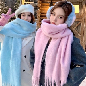 Winter plaid mohair scarves for women with tassels, shown in pink and light blue styles