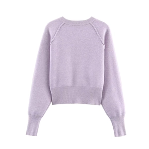 Back view of light purple slim fit knitted sweater with round neck and ribbed hem