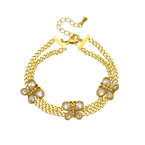 Double-layer gold plated stainless steel bracelet featuring sparkling zircon butterflies