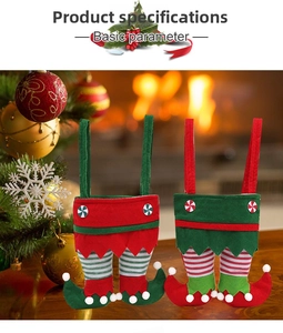 Detail of Christmas elf pants candy bags with red and green felt and festive pom-poms
