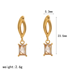 Detailed size specifications of gold zircon drop earrings showing 23.5mm height and 5.3mm width