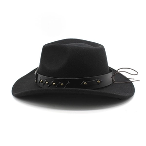 Detail of black wool cowboy hat with studded leather band and woven rope texture