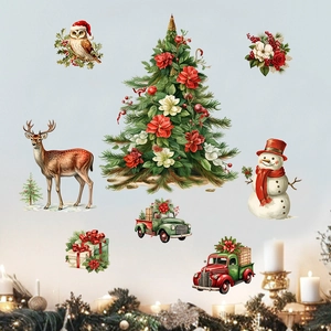 Detailed Christmas wall stickers showing festive tree, snowman and vintage gift truck