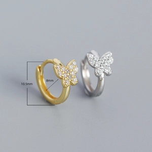 S925 silver butterfly hoop earrings with sparkling zircons in gold and silver finish