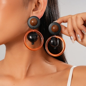 Boucles D'oreilles Pendantes Géométriques Rétro Avec Résine Et Perles De Bois Et Tige En Argent Fin 925 Femme