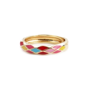 Modern gold-plated open ring featuring colorful enamel diamond patterns on a white background