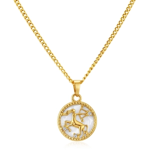 Golden Sagittarius necklace with round white shell pendant and small diamond accents