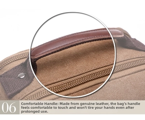 Close-up of leather handle with metal rivets and sturdy stitching on canvas bag