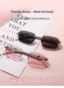 Detail view of rimless square sunglasses with gradient lenses and gold metal temples