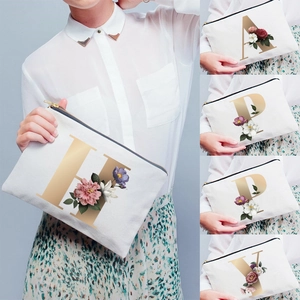 Floral Initial Letter Canvas Makeup Bag Zipper Toiletry Pouch Cosmetic Storage Case Women Travel Organizer