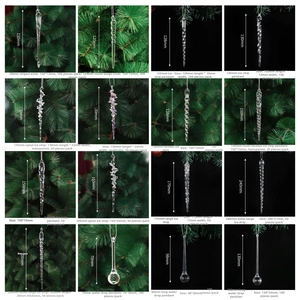 Macro display of 16 acrylic Christmas icicle and drop ornaments with size labels