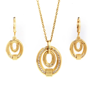 Elegant gold concentric oval jewelry set with necklace and earrings featuring micro-pave zircons