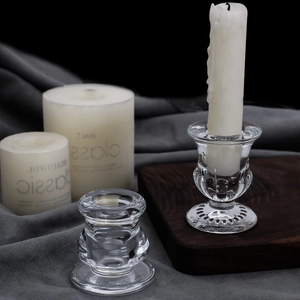 European minimalist clear glass candle holder set with vintage embossed pattern design