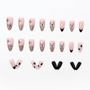 Almond-shaped press-on nails set with blue butterfly and black heart designs
