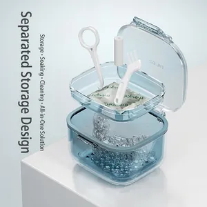 Three-layer clear blue orthodontic retainer soaking box with drainage tray and brush
