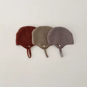 Baby Knitted Ear Protection Bonnet Hat With Chin Strap Simple Soft Warm Solid Color Beanie For Infants Toddlers