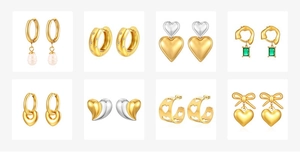 Detailed grid showing variety of stainless steel earrings with pearls and gemstones