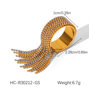 Detailed macro view of wide stainless steel ring with dual-tone gold and silver beaded fringe