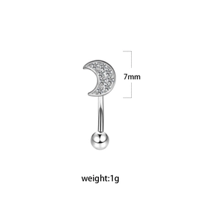 Detailed close-up of 7mm curved eyebrow ring with crescent zircon and steel bead