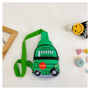 Close-up of cute green school bus cartoon chest bag with adjustable nylon strap