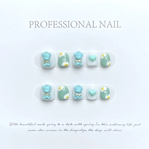 3D cartoon bear and floral press-on nail set in light blue and mint green tones