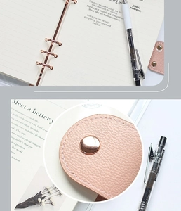 Close-up detail of a clear 6-hole loose-leaf binder with a pink leather snap button.