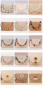 Collage of fifteen straw envelope bags featuring colorful tassels and bohemian shell accents