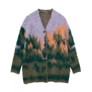 Women Landscape Jacquard Knitted Cardigan V Neck Long Sleeve Mohair Blend Abstract Pattern Loose Fit Button Down Sweater