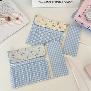 Floral makeup brush roll organizer set in blue gingham and vintage floral fabric print
