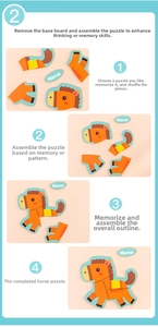 Educational wooden horse puzzle for toddlers showing 4-step assembly instructions guide