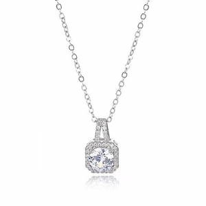 Classic silver cubic zirconia square pendant necklace with round center stone and O-chain