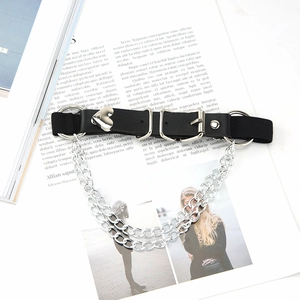 Punk black PU leather leg garter with heart metal buckle and double silver chains
