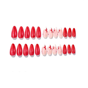 French almond press-on nails with red glossy finish and cute floral design, 24pc set