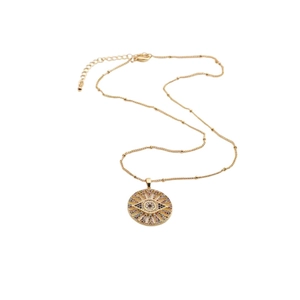 Detail of gold evil eye pendant with multi-colored stones and hollow design on a bead chain
