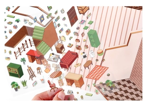 Detailed close-up of transparent PET dollhouse furniture stickers for creative DIY scrapbooking