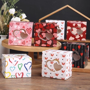 Square Cardboard Gift Boxes With Heart Shaped Window Colorful Heart Patterns Romantic Valentine Day Treat Packaging Boxes