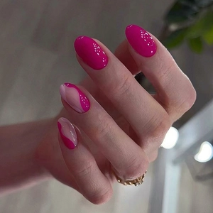 Press On Nails Oval Rose Pink Wave Pattern Glossy Plastic False Nails For Women Fashion Ins Style