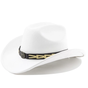 Close-up of a white suede cowboy hat featuring a vintage metal bull head buckle and belt