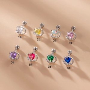 Cartilage Piercing Earring Stud Heart Shaped Zircon Stainless Steel Moon Design Ball Screw Back Jewelry