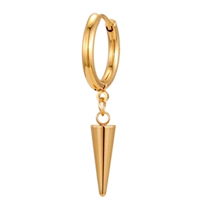 Hip hop style golden stainless steel hoop earring with a sharp conical bullet pendant