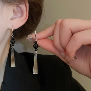 New Chinese style geometric drop earrings with black beads and iridescent trapezoid pendants