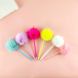 Cute unicorn plush ball ballpoint pens in six pastel colors on pink background