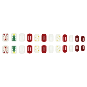 24pcs Christmas press-on nails set featuring reindeer, snow tree and red white patterns