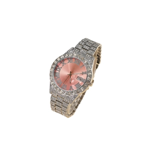 Luxurious iced-out silver quartz watch with pink sunray dial and roman numerals